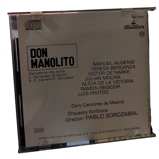 Cd Don Manolito, Orquestra Sinfonica, Diretor Pablo Sorozabal Cd Don Manolito, Orquestra Sinfonica, Diretor Pablo Sorozabal