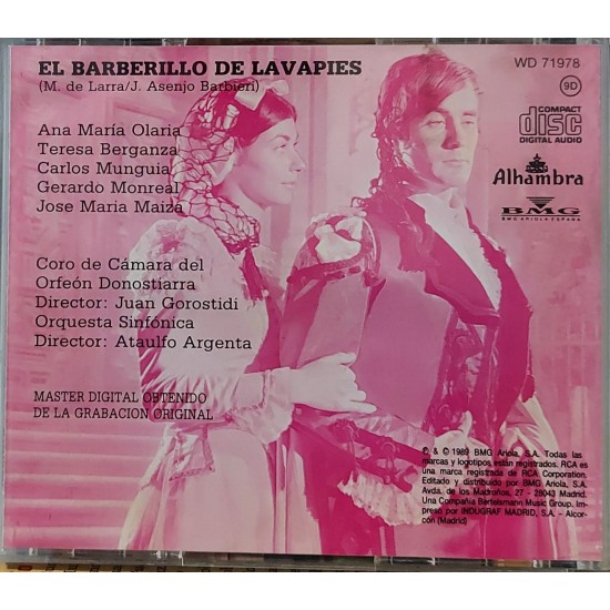 Cd El Barberillo de Lavapies, Ana Maria Olaria. Coro de Camara Del Orfeón Donostiarra, Director Juan Gorostidi Cd El Barberillo de Lavapies, Ana Maria Olaria. Coro de Camara Del Orfeón Donostiarra, Director Juan Gorostidi