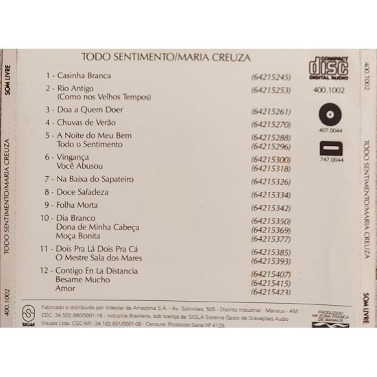 Cd Maria Creuza, Todo Sentimento, 1995 Cd Maria Creuza, Todo Sentimento, 1995