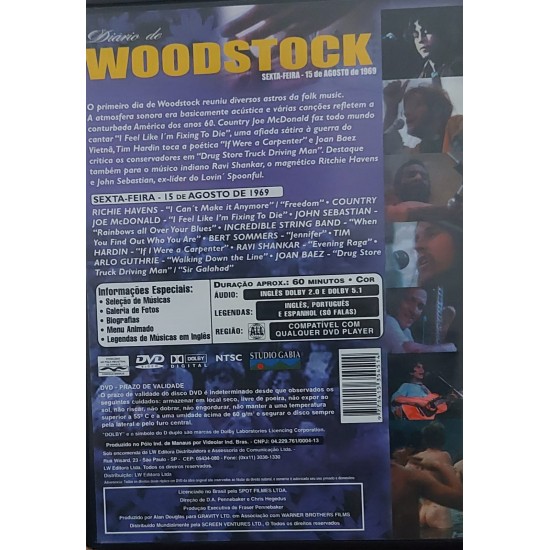 Dvd Diário de Woodstock, Sexta-Feira, 15 de Agosto de 1969, 11 Clássicos do Rock Destacando Joan Baez, Richie Havens, Country Joe Dvd Diário de Woodstock, Sexta-Feira, 15 de Agosto de 1969, 11 Clássicos do Rock Destacando Joan Baez, Richie Havens, Country Joe