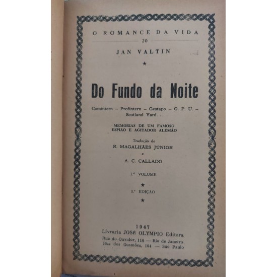 Do Fundo da Noite, Jan Valtin, Volume 1 e 2 - Completo, Capa de Luxo Verde em Percalux, Com Letras Douradas Do Fundo da Noite, Jan Valtin, Volume 1 e 2 - Completo, Capa de Luxo Verde em Percalux, Com Letras Douradas